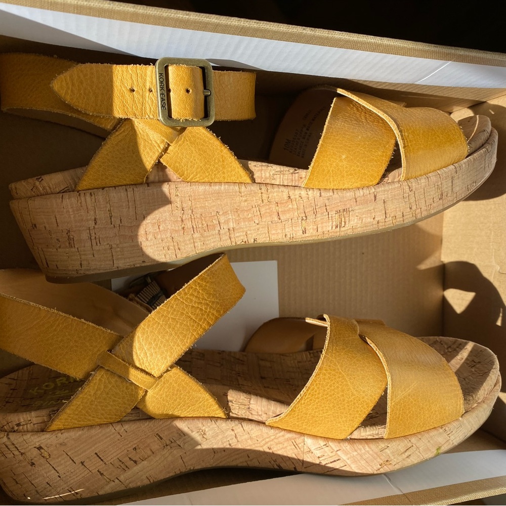 Kork-Ease Mustard Strappy Cork Wedges Size 10 Excellent Comfy Condition With Box - Picture 2 of 13